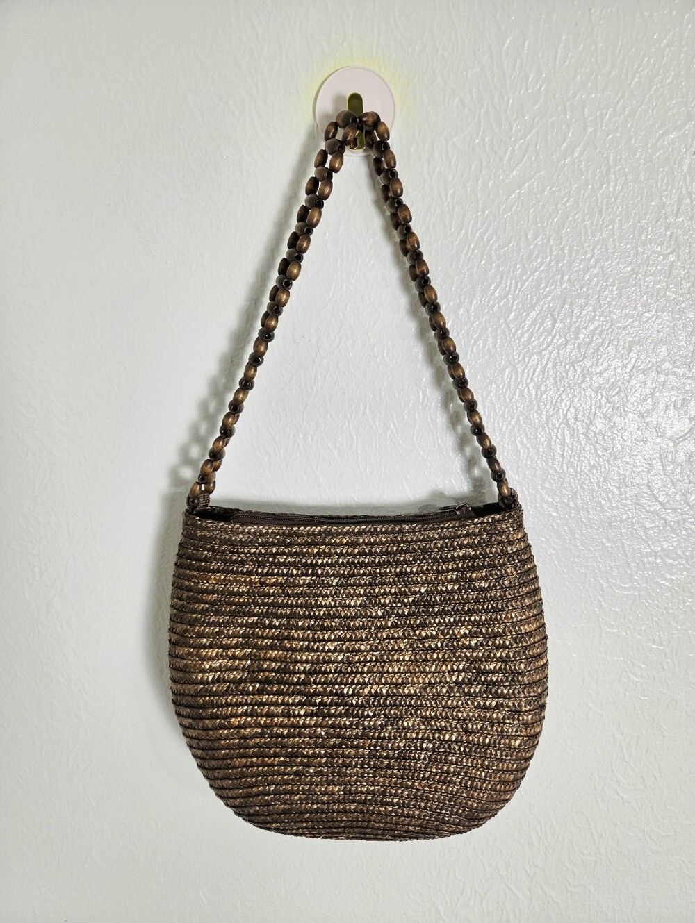 Brown Straw Purse with Beaded Strap - Picture 2 of 8